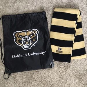 Oakland University Striped Scarf and Drawstring Backpack